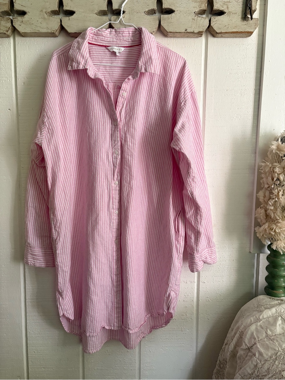 Pink & White Striped Button-Up Tunic Shirt XL 88%cotton 12%linen